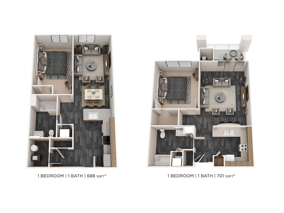 Floor plan for 1 bed, 1 bath, 701 sqft